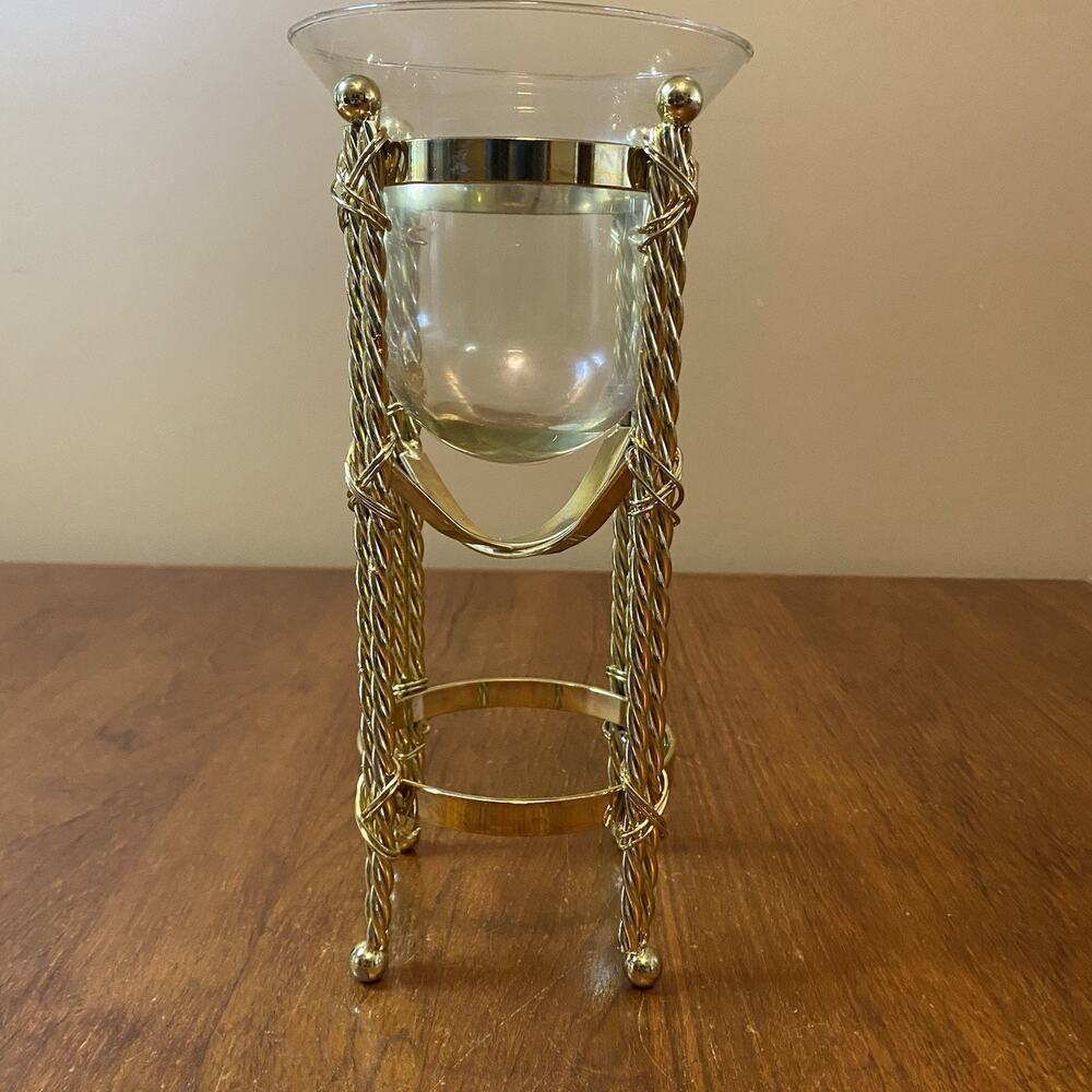 Vintage Plant Candle Stand 11” Holder Twisted Rope Design Brass with Glass Bowl